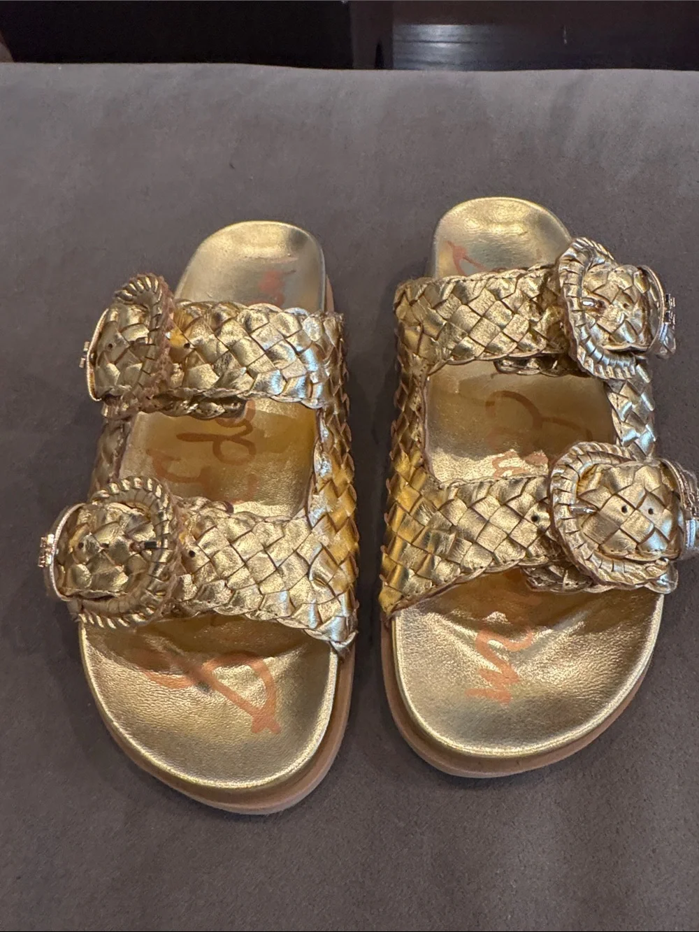 Sam Edelman Women's Woven Double-Buckle Slide Sandals in Metallic Gold